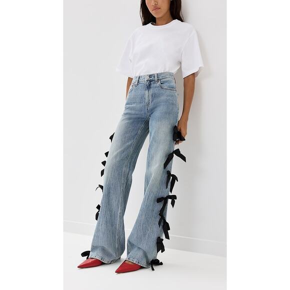 Alice + Olivia Weezy Full Length Wide Leg Jeans with Side Bows - Picture 1 of 12